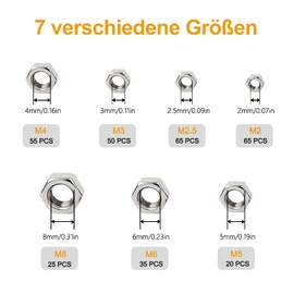 Vigrue 182 piece lock nuts, set of 304 stainless steel nylon self-locking lock nuts, size M3, M4, M5, M6, M8, M10, M12