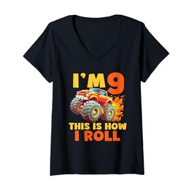 Womens 9rd Birthday Kids I'm 9 This is how I roll Monster Truck Boy V-Neck T-Shirt