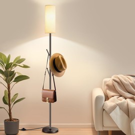 KQW Tall Floor Lamp for Living Room,Modern Standing Lamp with 3 Hooks Clothes Rack,Multi-Functional Floor Light with 9W LED Bulb,Adjustable Color Temperature,Dimmable Floor Lamp for Bedroom Office