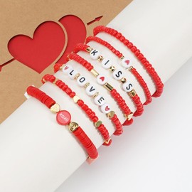 Lonext 7pcs Holiday Beaded Heishi Bracelets Set for Women Valentine Day Mardi Gras Bracelets