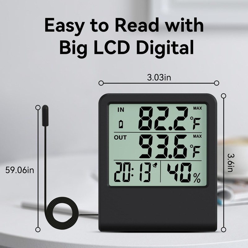 4-in-1 Thermometer Hygrometer with Alarm Clock, Large LCD, 1.5 m