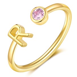 FUNEIA Initial Birthstone Rings for Women Teen Girls Non Tarnish Trendy Stackable Dainty Gold Letter Adjustable Emerald Green Cubic Zirconia Ring for Mothers Daughter Birthday Bridesmaid Gifts Jewelry