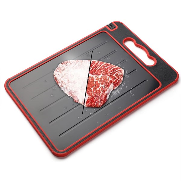 Defrosting Plate Tray 4-in-1 Chopping Board with Spice Grater and Knife Sharpener Kitchen Gadget (Black + Red)