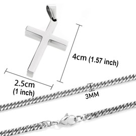Tuewut Cross Necklace for Men, Silver Gold Stainless Steel Plain Cross Pendant Necklace for Men Cuban Chain 18-26 Inch (24.0 Inches, silver)
