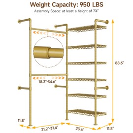 L2 Wall Mounted Closet System, Industrial Pipe Clothing Rack Clothes Racks with 2 Telescopic Rod & 6 Shelves, Heavy Duty Closet Organizers System in Wardrobe Closet, Gold