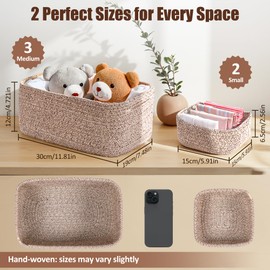 VIRETH HAUS 5-Pack Small Woven Rope Storage Baskets – 2 Sizes Organizer Bins for Closet, Shelf, Bookshelf, Nursery, Changing Table, Fabric Cube Boxes, Rectangular Shallow Bins for Bathroom, Toy & Home