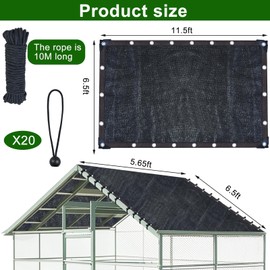 11.5 * 6.6 FT Chicken Coop Cover for Summer Black 90% Shade Cloth with 20 Pcs Ball Bungees Cords, Chicken Cage Cover Chicken Run Sun Shade Mesh Tarp with Grommets for Outdoor Patio Garden Plants