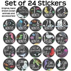 Cohas Monthly Baby Milestone Stickers Include 24 Vinyl Stickers with Chalkboard Background, Ocean Animals