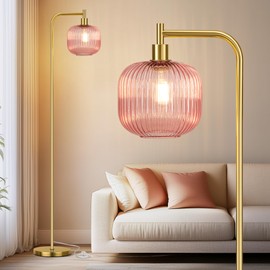 QiMH Glass Floor Lamp for Living Room, 67” Modern Standing Lamp with Pink Ribbed Glass Lampshade Pedal Switch Tall Lamp for Bedroom, Brushed Gold (2700K LED Bulb Included)
