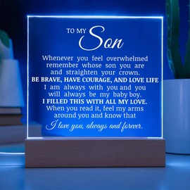 To My Son - Acrylic Plaque with LED Lights, Son Birthday Christmas Graduation Gift for Him, Sentimental Message on Plaque Display, Room Decorative Gift for Him