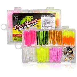 Trout Magnet 82 Piece Neon Fishing Kit, Catches All Types of Fish, Includes 70 Grub Bodies And 12 Size 8 Hooks, Orange,Green,White,Silver