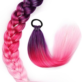 Ponytail Extension 18 inch Dark Purple to Red to Pink Colored Hair Extensions for Braiding Ombre Pony Tail Hair Extensions for Braids with Hair Tie Rave Crazy Hair Day 1 Pack