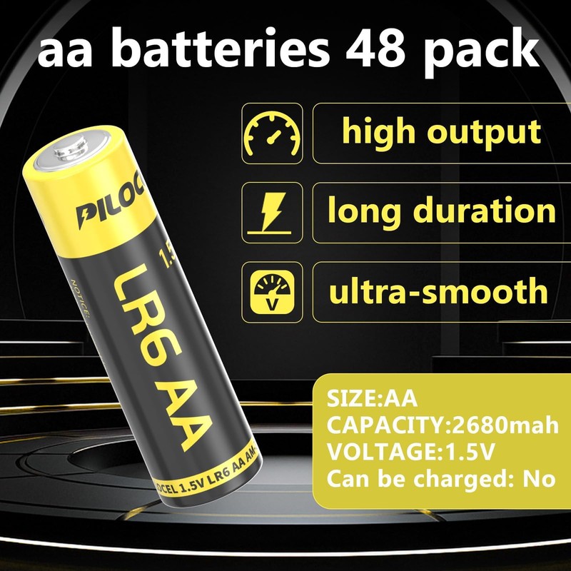 PILOCEL AA Batteries 48 Pack, High-Performance Alkaline AA Batteries 10-Year