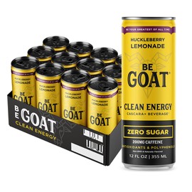 BeGOAT ZERO SUGAR Huckleberry Lemonade CLEAN Energy Drink | 200 Mg Caffeine, 0 Calories, Non GMO, 6 Ingredients, Antioxidants, Vegan, Gluten-Free 12 FL OZ (Pack of 12)
