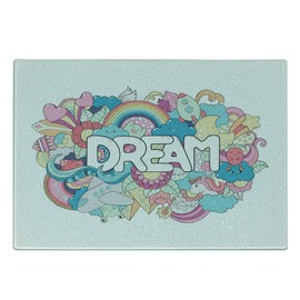 Ambesonne Unicorn Party Cutting Board, Colorful Cartoon Style Childish Elements Dream Lettering Doodle Illustration, Decorative Tempered Glass Cutting and Serving Board, Small Size, Multicolor