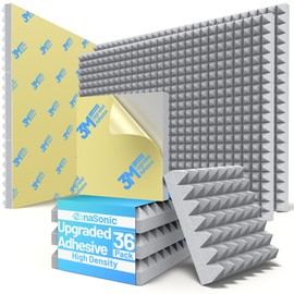 36 Pack Pyramid Sound Proof Foam Panels for Walls with Updated Self-Adhesive 3"X12"X12" High Density Acoustic Panels Sound Absorbing Fast-Expanding Soundproof Wall Panels for Gaming Studio Decor- Gray