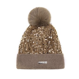 JUMISEE Sparkly Sequins Beanie Hats for Women Girls Warm Velvet Knit Winter Hat Skull Cap with Faux Fur Pompom