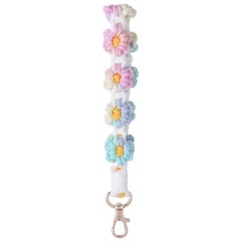 cobee Daisy Macrame Keychain, Handmade Boho Macrame Keychain Holder Macrame Key Chain Bracelet Colourful Bracelet Keychain (Rainbow), White