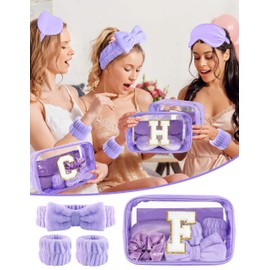 Gift Sets for Women, Initial Makeup Bag with Makeup Brush Set Bachelorette Party Favors, Purple Spa Kit with Skincare Headbands Wrist Bands Sleepover Party Supplies Gifts for Teen Girls Bridesmaid F