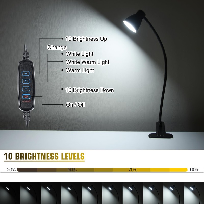 CeSunlight Clamp Desk Lamp, Clip on Reading Light, 3000K-6500K Adjustable
