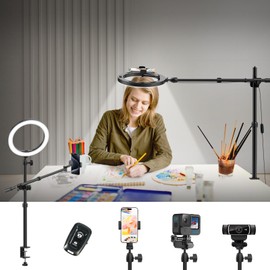 LUXSURE Ring Light for Desk, 10" LED Ring Light with Stand and Phone Holder, Overhead Camera/Phone Mount, Stable Phone Tripod with Light for Video Recording/Live Streaming/Cooking/Content Creation