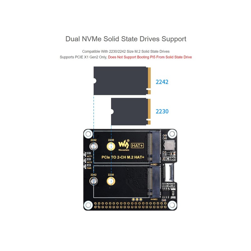 Waveshare PCIe to 2-ch M.2 Adapter for Raspberry Pi 5,2-Ch