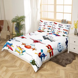 Aircraft Bedding Set Kids Cute Planes Duvet Cover Cartoon Airplane Comforter Cover for Children Boys Girls Helicopter Flying Double Size Microfiber & Linen Travel Bedclothes