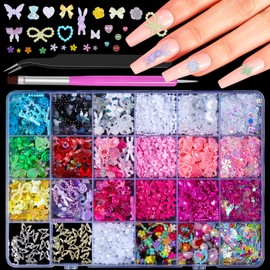 Sinyanail 3D Resin Nail Charms Mix Rabbit Flower Bear Bowknot Nail Charms Gummy Heart Lollipop Nail Rhinestones Pearls Jewelry for Nail Art Design DIY Crafts Accessories (24 grids Pink)