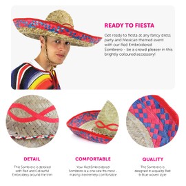 Mexican Red Embroidered Sombrero - Pack of 1 - Straw Hat Fancy Dress Holiday Accessory Ideal for Hen Night, Beach Party