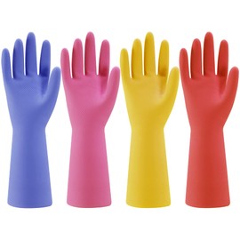 Rubber Kitchen Dishwashing Gloves - 4 Pairs Colorful Reusable Household Cleaning Gloves for Washing Dishes and Cleaning Tasks, Flexible Long-lasting and Non-Slip (Large, Blue+Pink+Yellow+Orange)