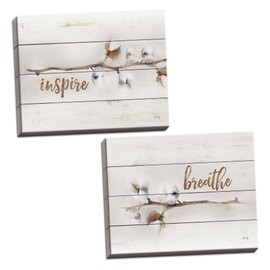 Gango Home Decor Country-Rustic Cotton Stems - Inspire & Cotton Stems - Breathe by Marla Rae (Ready to Hang); Two 18x12in Hand-Stretched Canvases