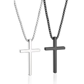 Romass 2 Pcs Cross Necklace for Men Boys,Stainless Steel Pendant Silver Black Crosses Chain Jewelry Gifts Box 16-30 inches（24in,Cross Pendant 1.2"*0.7",Silver/Black）