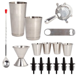 16 Pcs Cocktail Shaker Home Bar Set – Complete Bartender Kit with Double Bar Jigger, Pour Spouts, Drink Shaker, Hawthorne Strainer, Bar Spoon, Bottle Opener and Tin Shot Glasses