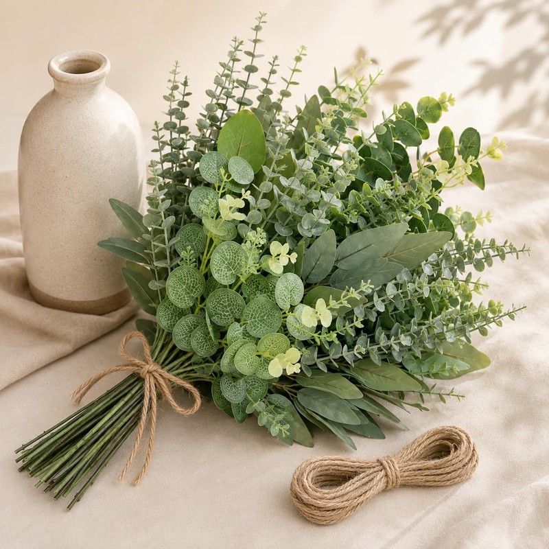 48 PCS Mixed Artificial Eucalyptus Stems Bulk with Hemp Rope