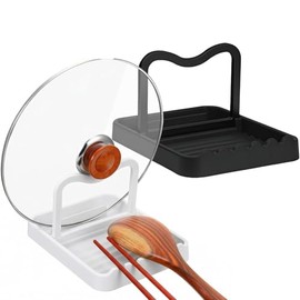 Pack of 2 Foldable Pot Lid Holder, Plastic Pot Lid Organiser, Multifunctional Lid Holder Kitchen with Cooking Spoon Rest, for Storage Pot Lid, Spoon, Chopsticks, etc. (Black and White 1)