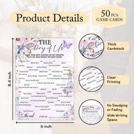 DEANHOT 50 Pcs Butterfly Bridal Shower Game Cards, 'Love Story' Wedding Party Decor, Engagement Game Cards, Purple Flower Bridal Shower, Butterfly Bridal Shower Game Cards for Weddings Engagements