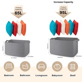 SIXDOVE 95L Large Storage Basket, Cotton Rope Woven Blanket Basket, Nursery Storage for Baby Room, Living Room, 24" x 16.9" x 14.2", Light Grey