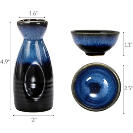 Goaste 5 Pieces Ceramic Sake Set, Kiln-Change Japanese Style Sake Cups, Traditional Pottery Sake Tumbler Set with 1 Carafe and 4 Cups in Dark Blue for Hot or Iced Sake, Dishwasher Safe