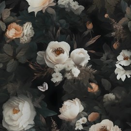 Fvlow Dark Wallpaper Floral Peel and Stick 17.4" x 118" Black White Contact Paper Vintage Watercolor Self Adhesive Covering for Bedroom Cabinet Bathroom Home Decor