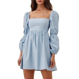 EXLURA Womens Square Neck Dress Long Puff Sleeve A-Line Casual Short Mini Dress Sky Blue