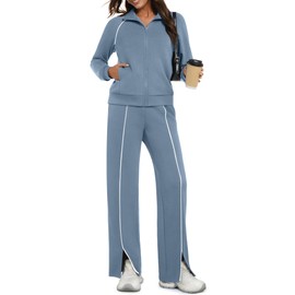 Casly Lamiit Two Piece Sets for Women Travel Outfits Airport Casual Tracksuit Zip Up Sweatshirt Jogging Sweatpants 2025 Loungewear Sweatsuit Blue Grey M
