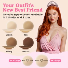 Princess Pasties Nipple Covers - Hypoallergenic Adhesive Silicone Nipple Coverings with Travel Box for Strapless Dress (Regular, L/XL (Fits D+ Cups), Tan)