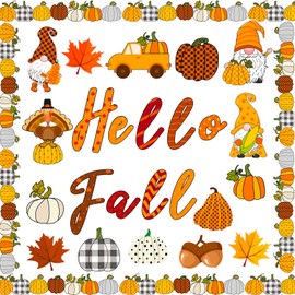 Faccito 70 Pcs Fall Bulletin Board Decorations Set Hello Fall Cutouts with Autumn Gnome Pumpkin Borders Trim Thanksgiving Classroom Decor for Home Office School Supplies
