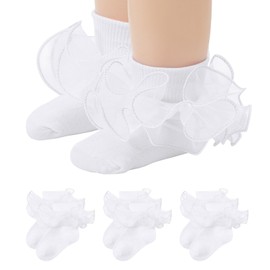 Century Star Toddler Ruffle Socks for Girls Dress Socks Double Lace Socks for Kids Turn Cuff Baby Socks, 3 Pairs White, 5-7 Years