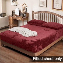 PHF Truly Velvet Fitted Sheet Only Queen Size, Christmas Luxury Super Soft Cozy Comfy Fleece Bottom with 15" Deep Pocket, Suitable for Fall Winter and Spring, No Pillowcases,Wine Red