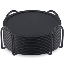 Silicone Coaster Set of 12 Pieces with Iron Bracket,Drinking Coasters, Cup Mat for Drinks,Live for Hot or Cold Drink Thickened, Non-Slip, Non-Stick, Deep Tray (Black)