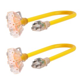 PlugSaf - Paquete de 2 cables de extensión para exteriores de calibre 12/3 con indicador de luz de múltiples tomas, cable de extensión flexible de 3 tomas, resistente al agua, amarillo, 15A 1875W