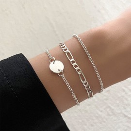 Yienate Unique Boho Sequin Bracelets Silver Chunky Flat Cable Hand Chain Punk Bangles Set of 3 Slave Bracelets Jewellery Gift for Women and Girls, Silver Metal