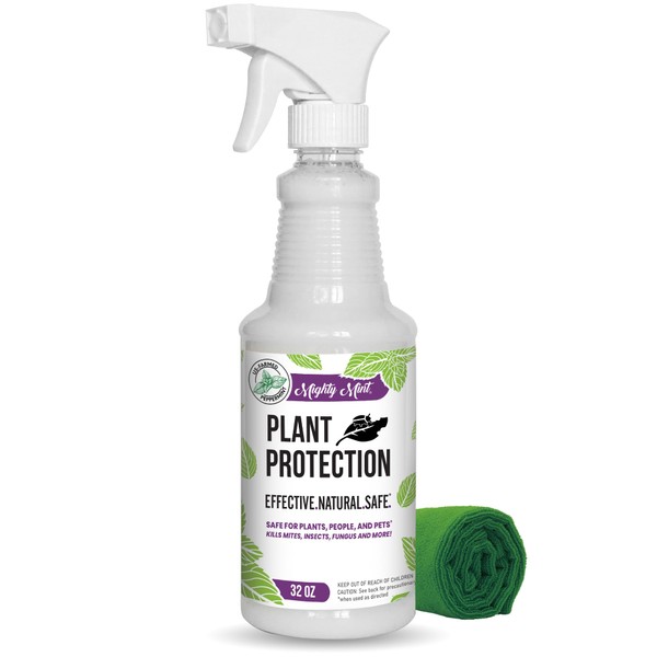 Mighty Mint 32 oz Peppermint Plant Protection Spray - with Microfiber Cloth - for Spider Mites, Insects, Gnats, Fungus, and Disease