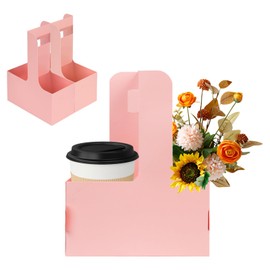 OUGEBOX 50 Packs 2 Cups Drink Carrier with Handle, Disposable Cup Holders for Drinks, Pink Paperboard Cup Carriers for Drinks, 6.9 x 3.1 x 8.7 Inches